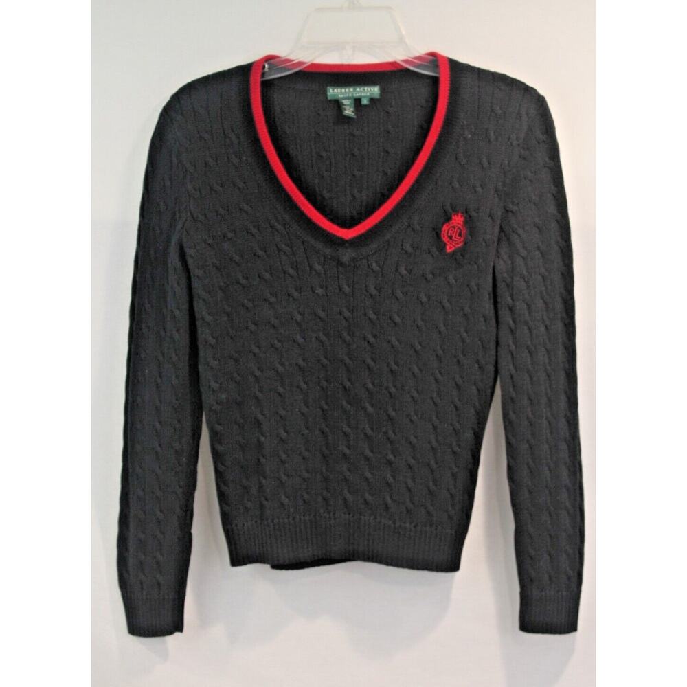 Lauren Ralph Lauren Active Cable Knit Sweater Womens size S Navy Red Trim Logo